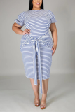 Blue Fashion Casual O Neck Short Sleeve Regular Sleeve Striped Short Sleeve Dress Plus Size
