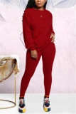 Rose Red Fashion Casual Long Sleeve O Neck Regular Sleeve Regular Solid Two Pieces