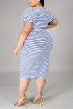 Blue Fashion Casual O Neck Short Sleeve Regular Sleeve Striped Short Sleeve Dress Plus Size