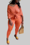 Orange Fashion adult Ma'am OL V Neck Solid Two Piece Suits Plus Size