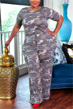 Light Gray Sexy Camouflage Short Sleeve O Neck Jumpsuits