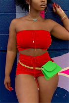 Red Sexy Sleeveless Strapless Off The Shoulder Short Solid Two Pieces