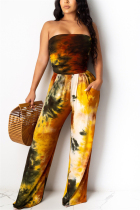 Coffee Sexy Strapless Sleeveless Off The Shoulder Regular Print Tie Dye Jumpsuits