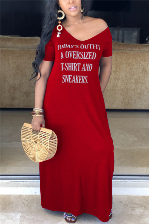 Red Fashion Casual Regular Sleeve Short Sleeve V Neck T-shirt Dress Floor Length Letter Print Dresses