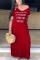 Red Fashion Casual Regular Sleeve Short Sleeve V Neck T-shirt Dress Floor Length Letter Print Dresses