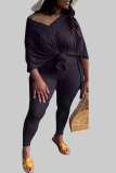 Black Fashion adult Ma'am OL V Neck Solid Two Piece Suits Plus Size