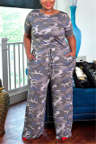 Dark Gray Sexy Camouflage Short Sleeve O Neck Jumpsuits