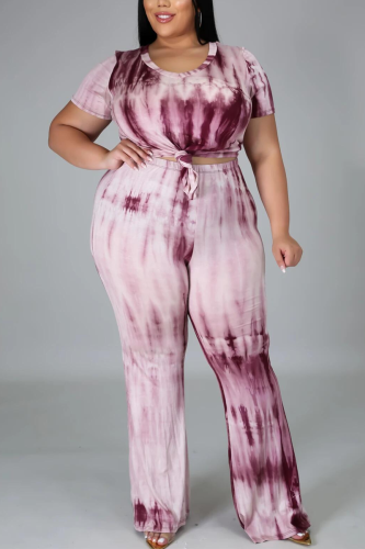 Wine Red Fashion Casual Sportswear O Neck Short Sleeve Regular Sleeve Print Plus Size Set