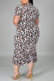 Black Fashion Sexy O Neck Short Sleeve Regular Sleeve Print Leopard Printed Dress Plus Size