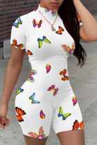 White Fashion Sexy Mandarin Collar Short Sleeve Regular Sleeve Skinny Butterfly Print Romper