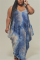 Blue Fashion Plus Size O Neck Sleeveless Spaghetti Strap Print Dress