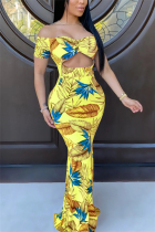 Yellow Sexy Off The Shoulder Short Sleeves One word collar Swagger Floor-Length Print Patchwork Colouring hollow out Dresses