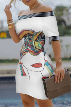 White Fashion Sexy Off The Shoulder Sleeveless Bateau Neck Pencil Skirt Knee Length Print Dresses