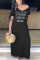 Black Fashion Casual Regular Sleeve Short Sleeve V Neck T-shirt Dress Floor Length Letter Print Dresses