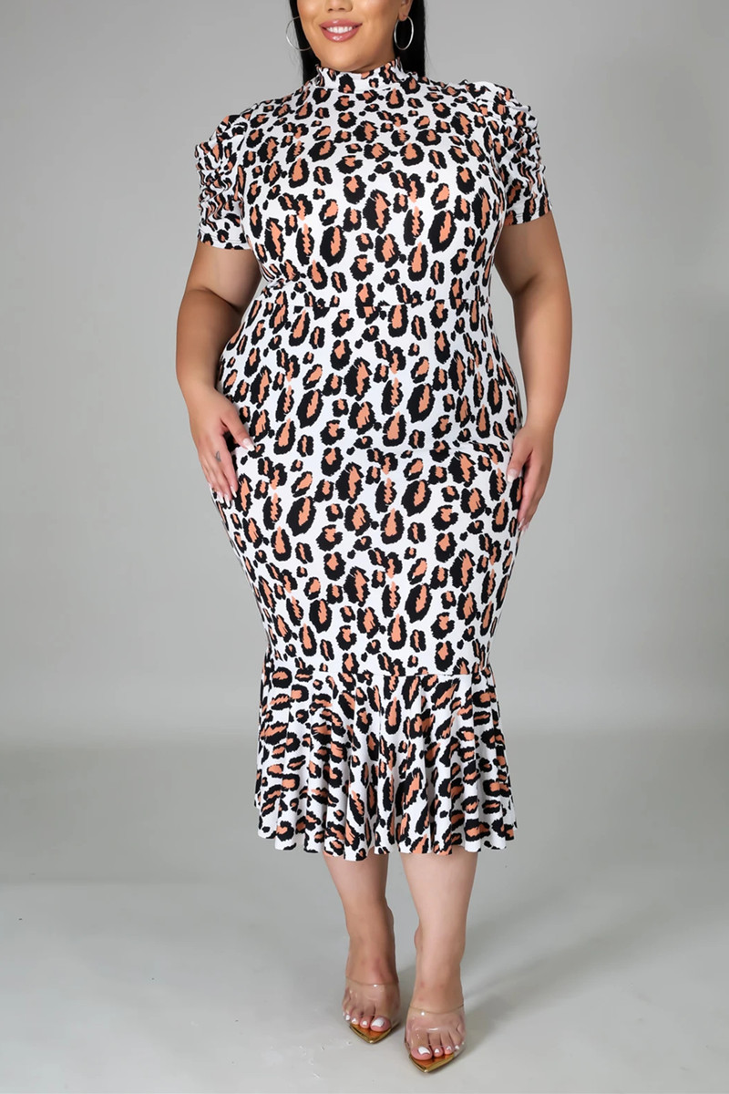 Wholesale Black Fashion Sexy O Neck Short Sleeve Regular Sleeve Print Leopard Printed Dress Plus