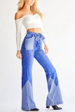 Baby Blue Drawstring High Patchwork Boot Cut Pants Bottoms