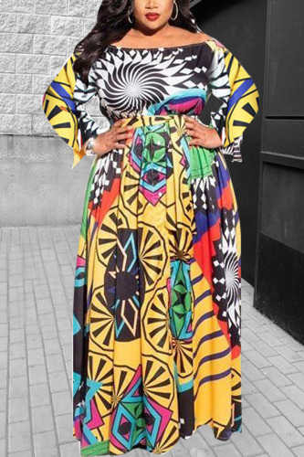 Multi Fashion Bateau Neck Long Sleeve Regular Sleeve Print Printed Dress Plus Size Set