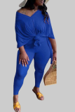 Blue Fashion adult Ma'am OL V Neck Solid Two Piece Suits Plus Size