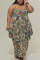 Army Green Fashion Plus Size O Neck Sleeveless Spaghetti Strap Print Dress