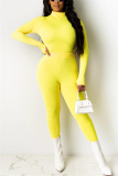 Yellow Milk Silk Fashion Sexy adult Ma'am Solid Two Piece Suits pencil Long Sleeve Two Pieces