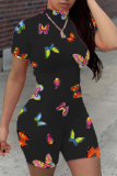 Black Fashion Sexy Mandarin Collar Short Sleeve Regular Sleeve Skinny Butterfly Print Romper