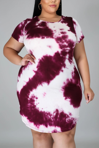 Wine Red Fashion Casual O Neck Short Sleeve Regular Sleeve Print Short Sleeve Dress Plus Size
