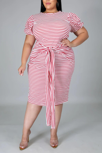 Red Fashion Casual O Neck Short Sleeve Regular Sleeve Striped Short Sleeve Dress Plus Size