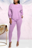 Light Purple Fashion Casual Long Sleeve O Neck Regular Sleeve Regular Solid Two Pieces