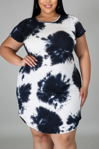 Black Fashion Casual O Neck Short Sleeve Regular Sleeve Print Short Sleeve Dress Plus Size