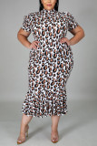 Black Fashion Sexy O Neck Short Sleeve Regular Sleeve Print Leopard Printed Dress Plus Size
