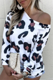White One Shoulder Collar Long Sleeve Leopard Slim fit Tops