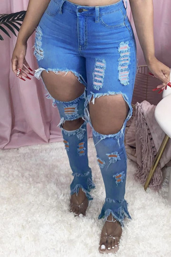 Dark Blue White Button Fly Mid Patchwork Solid Split Hole washing Old Boot Cut Pants Bottoms