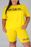 Yellow Fashion Casual Sportswear O Neck Short Sleeve Regular Sleeve Letter Print Plus Size Set