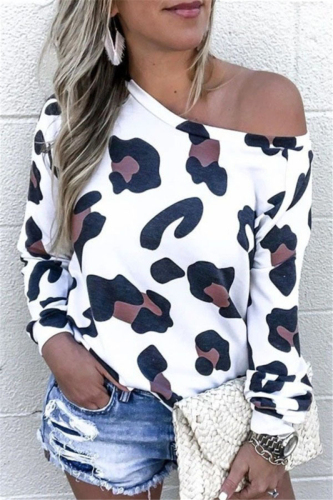 White One Shoulder Collar Long Sleeve Leopard Slim fit Tops