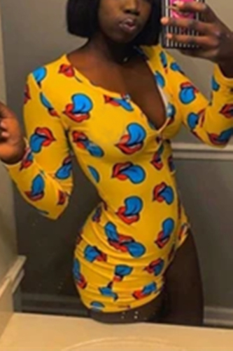 Yellow Fashion Sexy Living V Neck Long Sleeve Regular Sleeve Skinny Print Romper