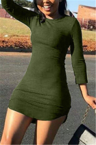Army Green Fashion Living Regular Sleeve Long Sleeve O Neck Long Sleeve Dress Mini Solid Dresses