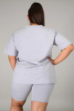 Gray Fashion Casual Sportswear O Neck Short Sleeve Regular Sleeve Letter Print Plus Size Set