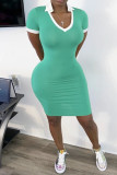 Green Fashion Casual Regular Sleeve Short Sleeve V Neck Short Sleeve Dress Knee Length Patchwork Dresses