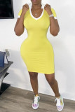 Yellow Fashion Casual Regular Sleeve Short Sleeve V Neck Short Sleeve Dress Knee Length Patchwork Dresses