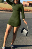 Army Green Fashion Sexy adult Ma'am Cap Sleeve Long Sleeves O neck Step Skirt skirt Solid Dresses