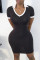Black Fashion Casual Regular Sleeve Short Sleeve V Neck Short Sleeve Dress Knee Length Patchwork Dresses