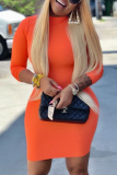 Orange Casual Regular Sleeve Long Sleeve Half A Turtleneck Pencil Skirt Mini Solid Dresses