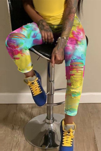Green and yellow Denim Street Print Hole Tie Dye Pattern Plus Size 