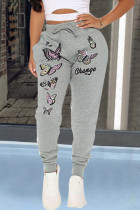 Gray Fashion Casual Sportswear Regular Butterfly Print Trousers