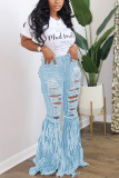 Dark Blue Fashion Casual Adult Letter Solid Tassel Ripped Letter O Neck Short Sleeve Regular Sleeve Regular Two Pieces