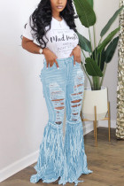 Light Blue Fashion Casual Adult Letter Solid Tassel Ripped Letter O Neck Short Sleeve Regular Sleeve Regular Two Pieces
