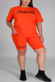 Orange Fashion Casual Sportswear O Neck Short Sleeve Regular Sleeve Letter Print Plus Size Set