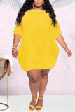 Yellow Fashion Casual O Neck Long Sleeve Regular Sleeve Solid Long Sleeve Dress Plus Size