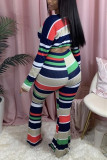 Yellow Red Fashion Casual Long Sleeve O Neck Regular Sleeve Short Striped Two Pieces