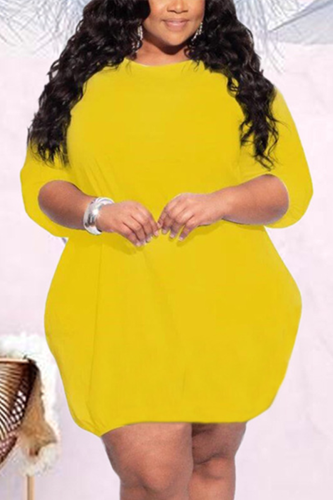 Yellow Fashion Casual O Neck Long Sleeve Regular Sleeve Solid Long Sleeve Dress Plus Size